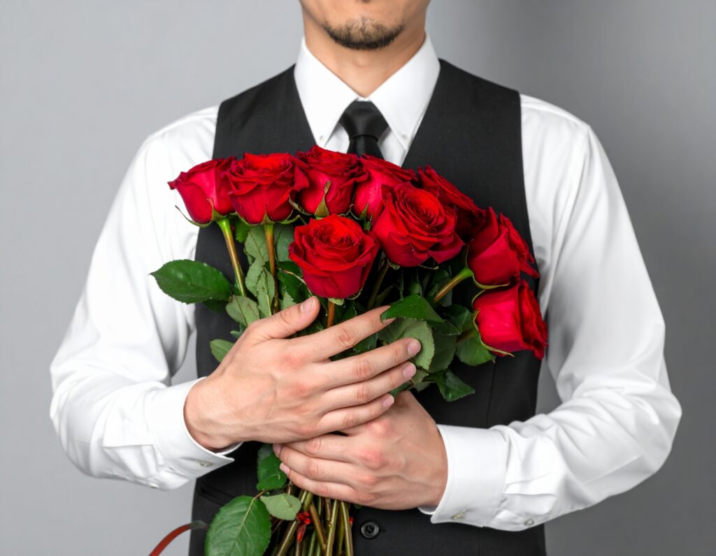 バラを抱えた男性